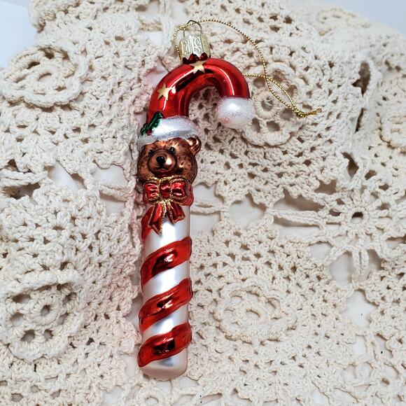 Vintage Glass Candy Cane with Red Bow Christmas Ornament 5" Excellent Condition - Picture 7 of 9